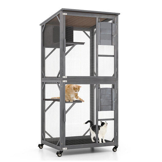 72 Inch TallWooden Cat House with Weatherproof Asphalt Roof-Gray-4