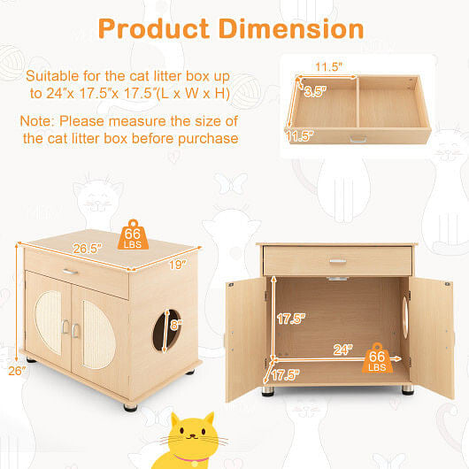 Cat Litter Box Enclosure with Sisal Scratching Doors and Storage-Natural-1
