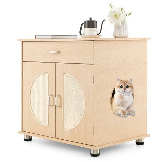 Cat Litter Box Enclosure with Sisal Scratching Doors and Storage-Natural-2