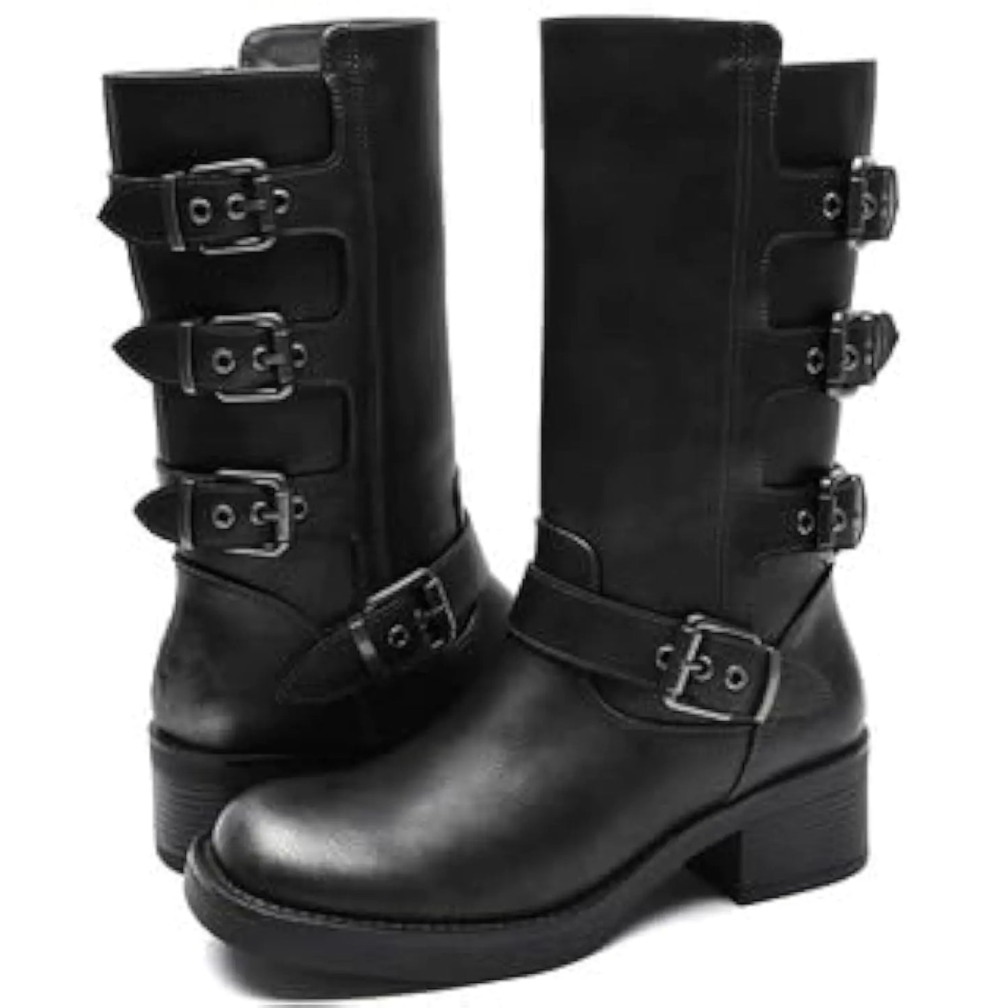 GLOBALWIN Womens Motorcycle Boots Mid Calf Distressed Biker Boots For Women Square Toe Boots For Women Distressed Silver Boots With Chunky Low Heel Size 11M