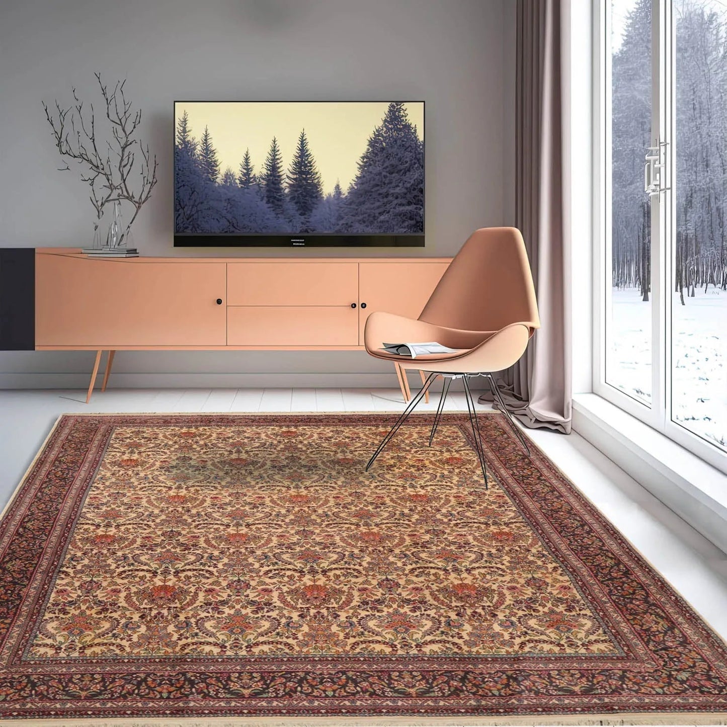 9x12 Warm Beige, Charcoal Hand Knotted 100% Wool Kerman Vintage Traditional Oriental Area Rug-0