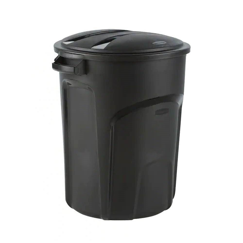 32-Gallon Black Plastic Indoor Outdoor Trash Can with Lid - Made in USA-0