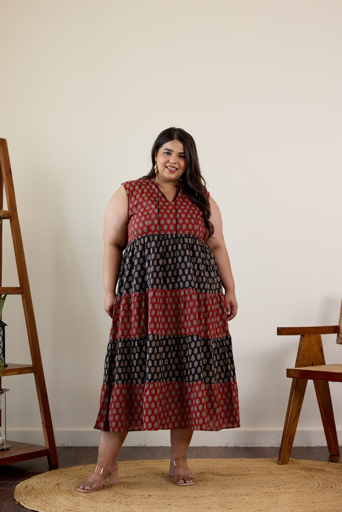 Maroon and Black Bagru Print Tiered Dress-2
