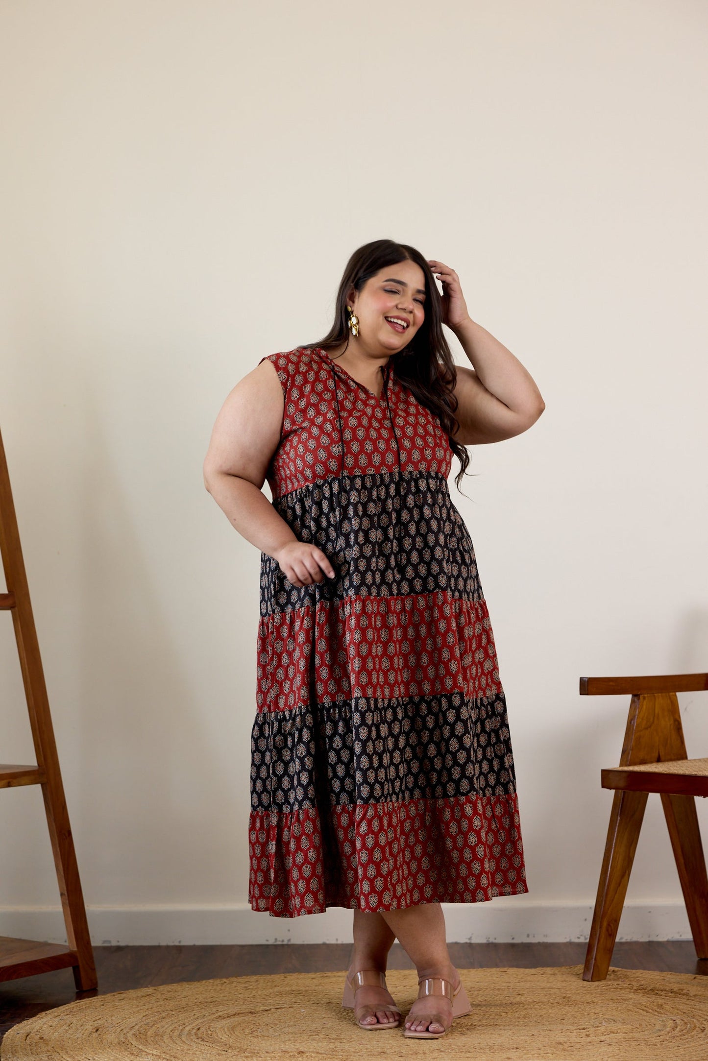 Maroon and Black Bagru Print Tiered Dress-1