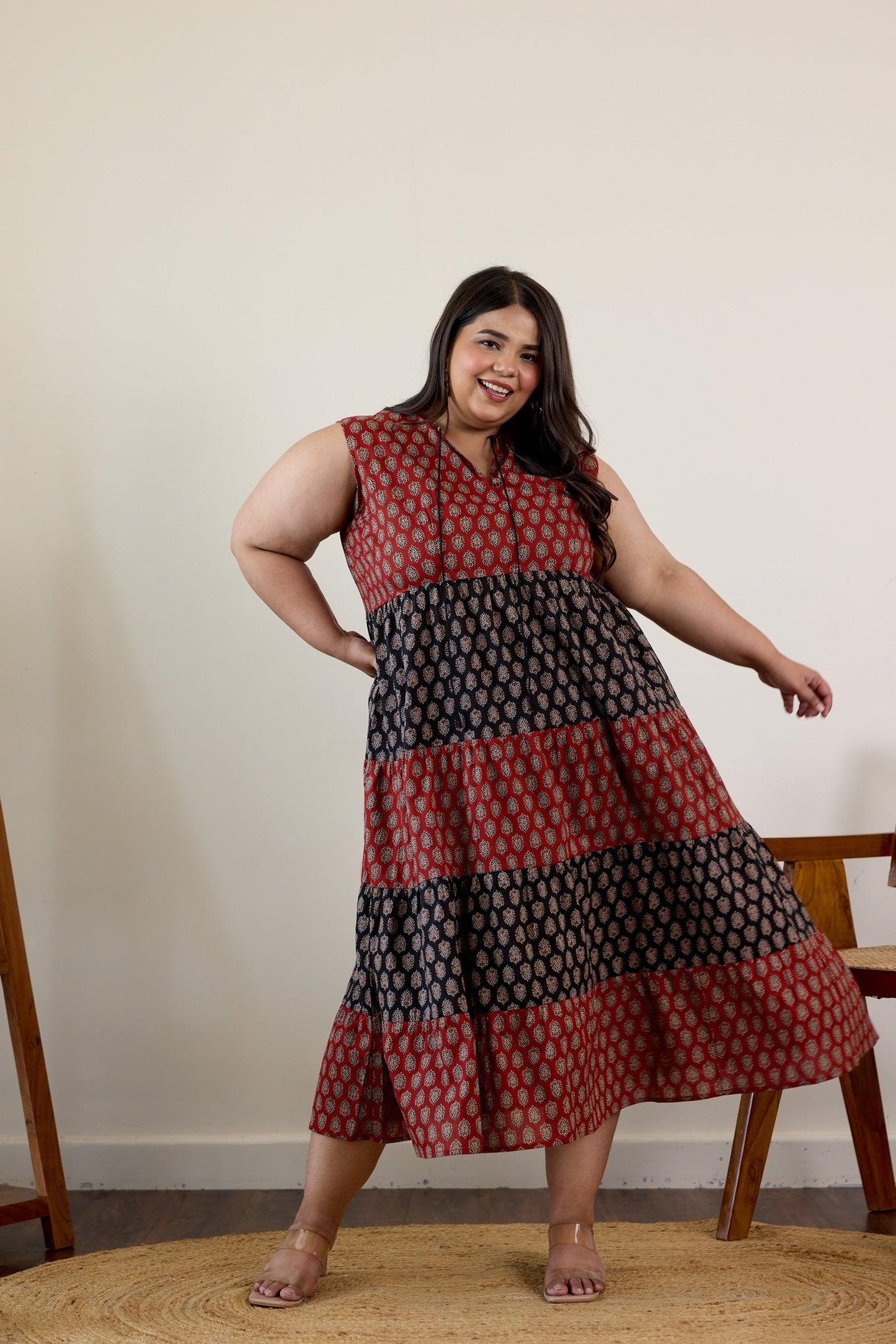 Maroon and Black Bagru Print Tiered Dress-0