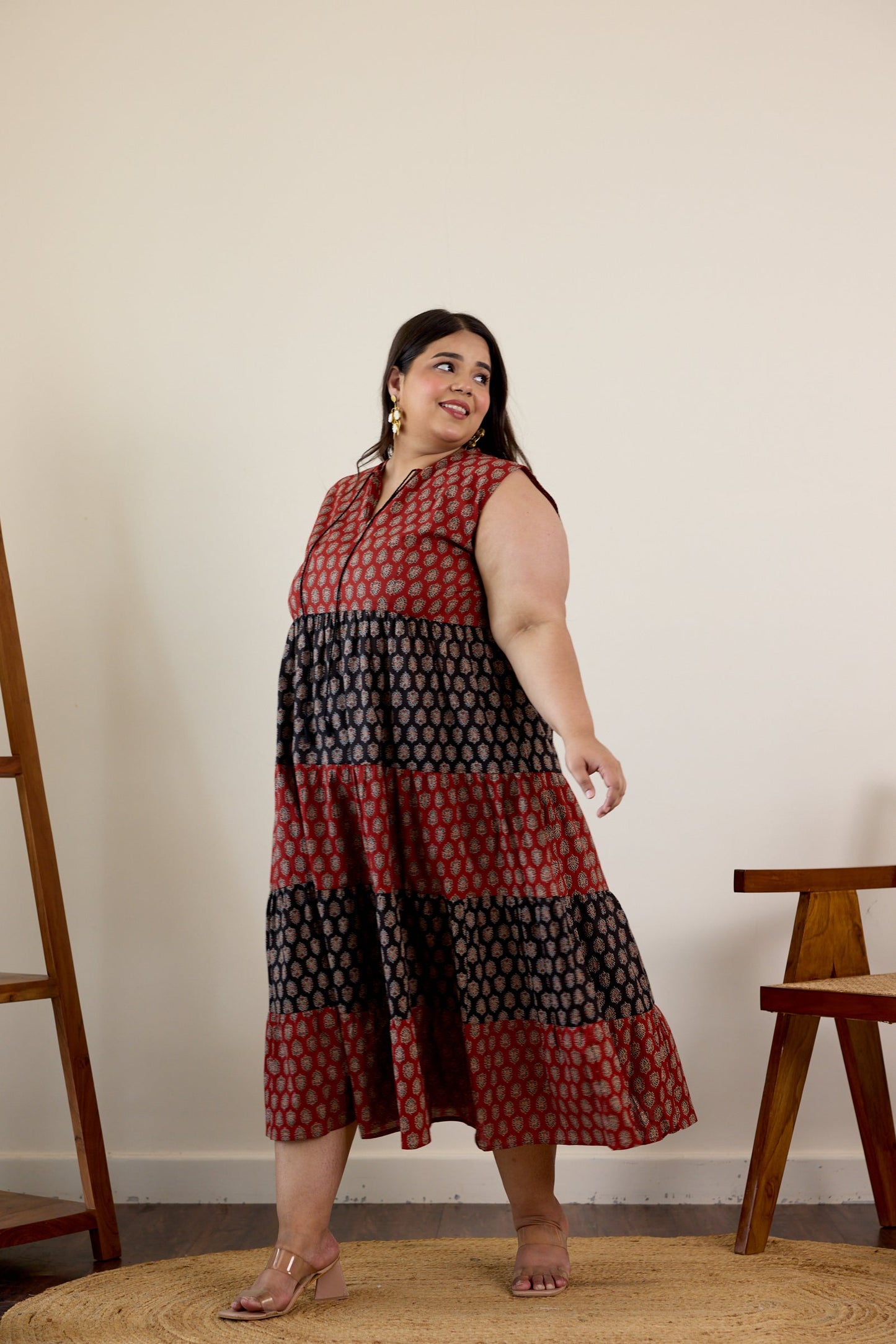 Maroon and Black Bagru Print Tiered Dress-4