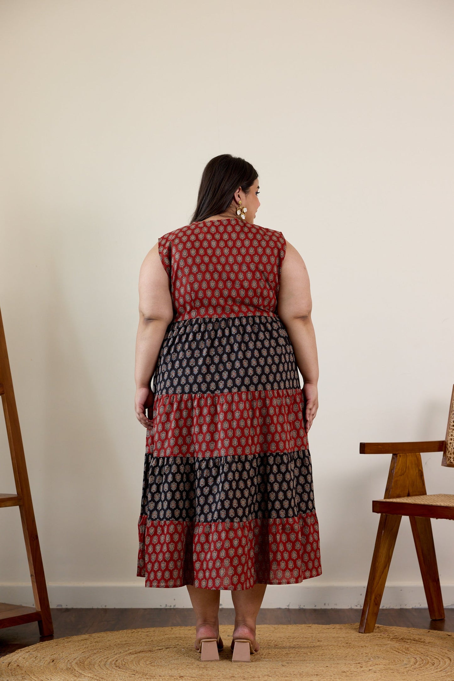 Maroon and Black Bagru Print Tiered Dress-3