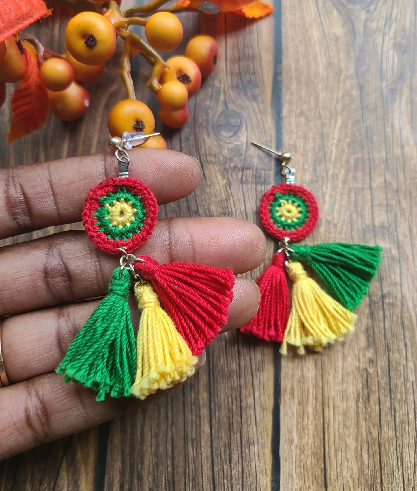 Green, Yellow, Red Tassel Earrings-3