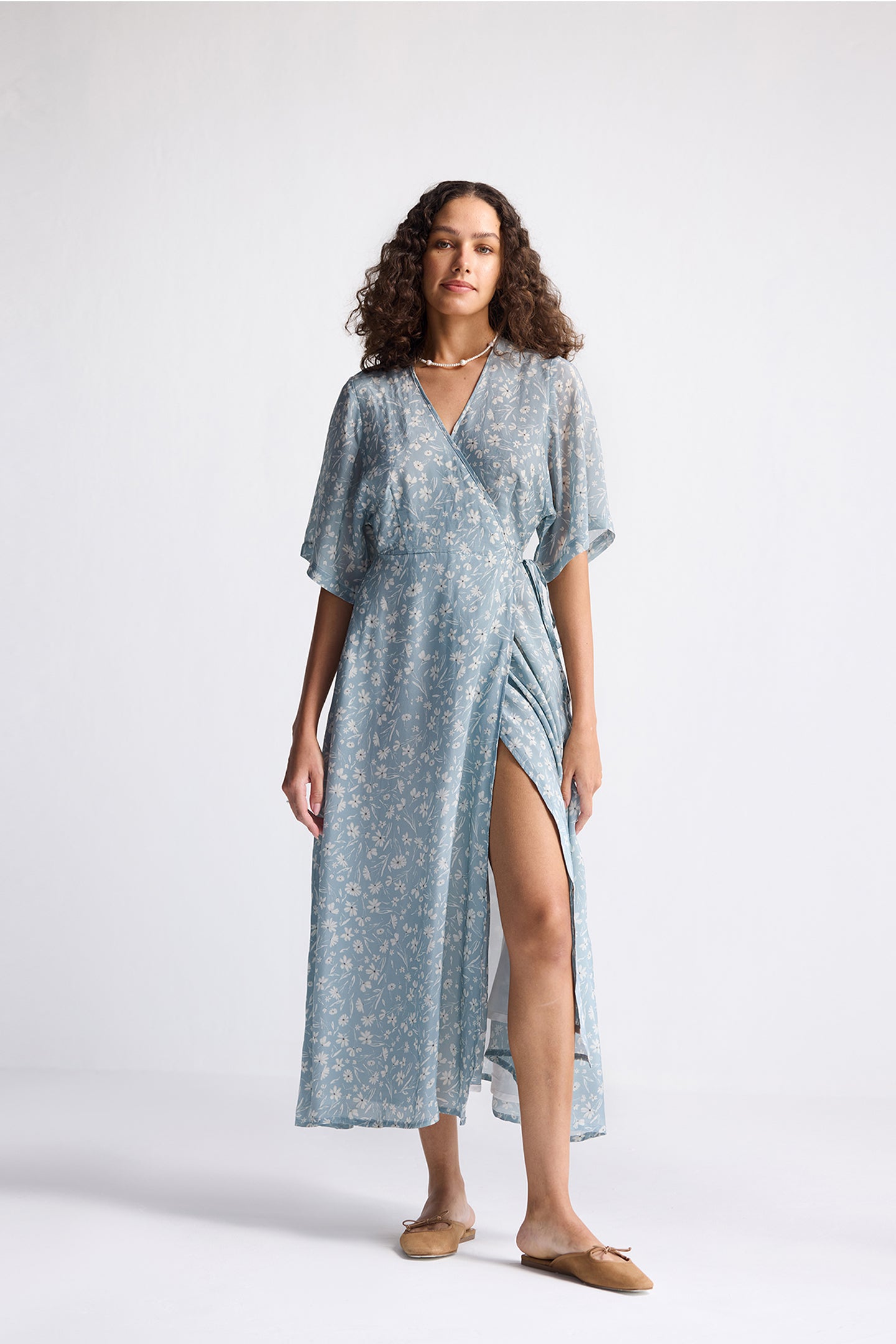 Maxi Wrap Dress in Light Blue Florals-3