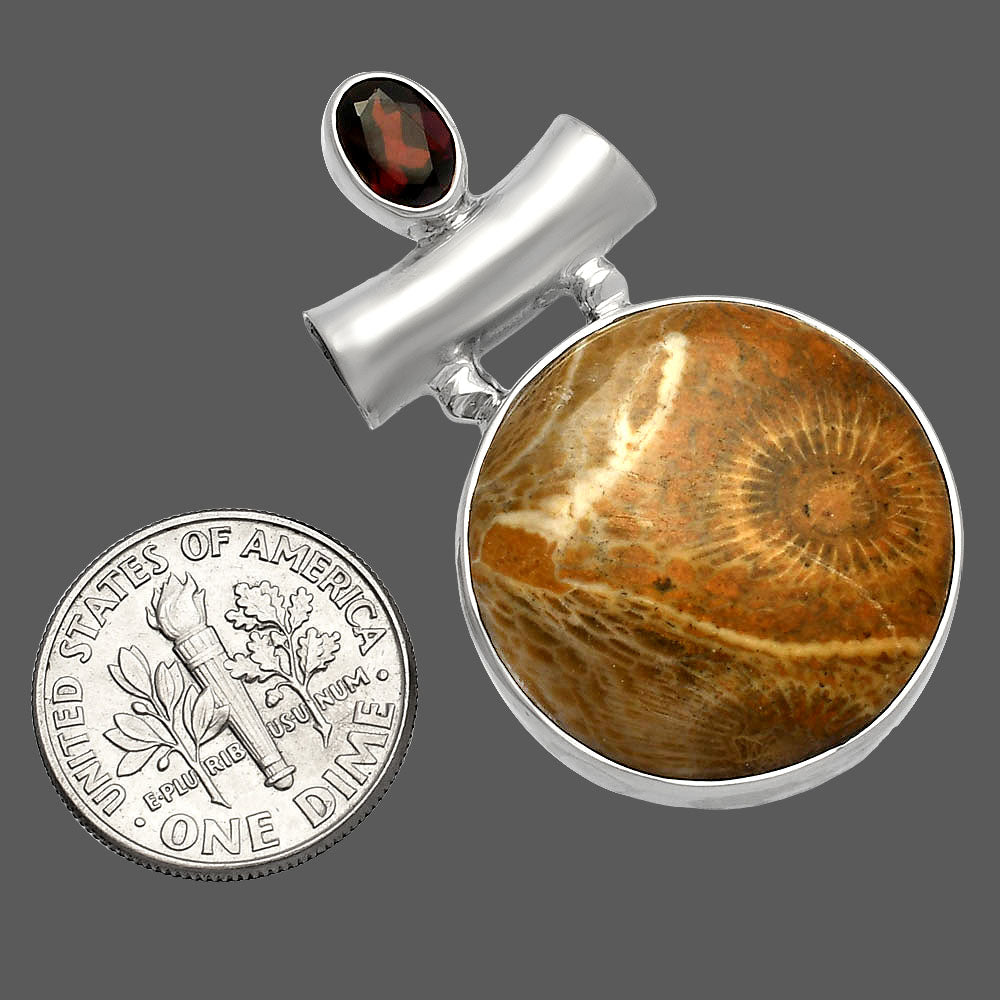 Flower Fossil Coral & Garnet Pendant P-1279 SDP147160-2