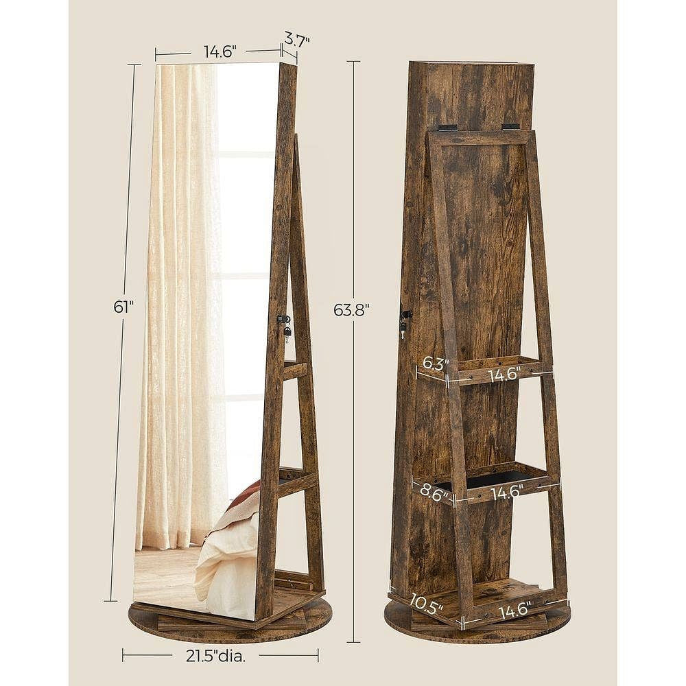 Rustic Brown Wood Jewelry Cabinet Armoire Organizer Freestanding Rotating Mirror-1
