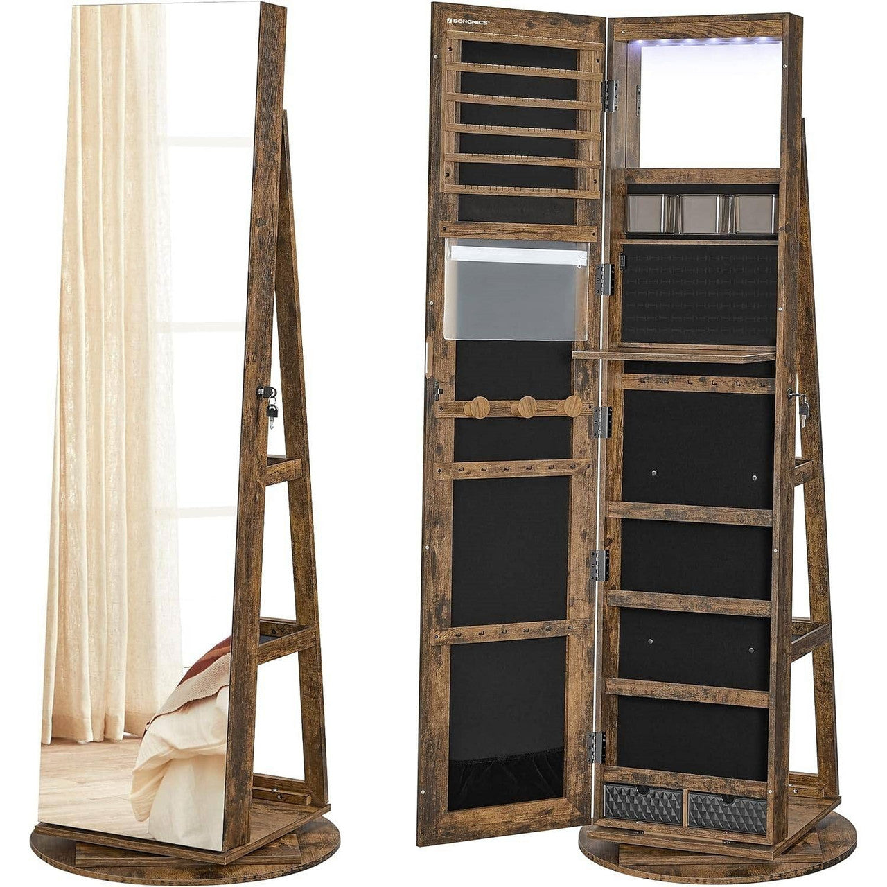 Rustic Brown Wood Jewelry Cabinet Armoire Organizer Freestanding Rotating Mirror-2
