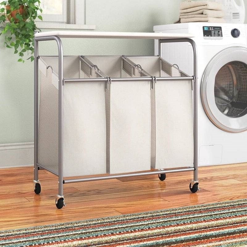 3 Section Wheeled Laundry Sorter Cart with Lift Top Folding Ironing Board-0