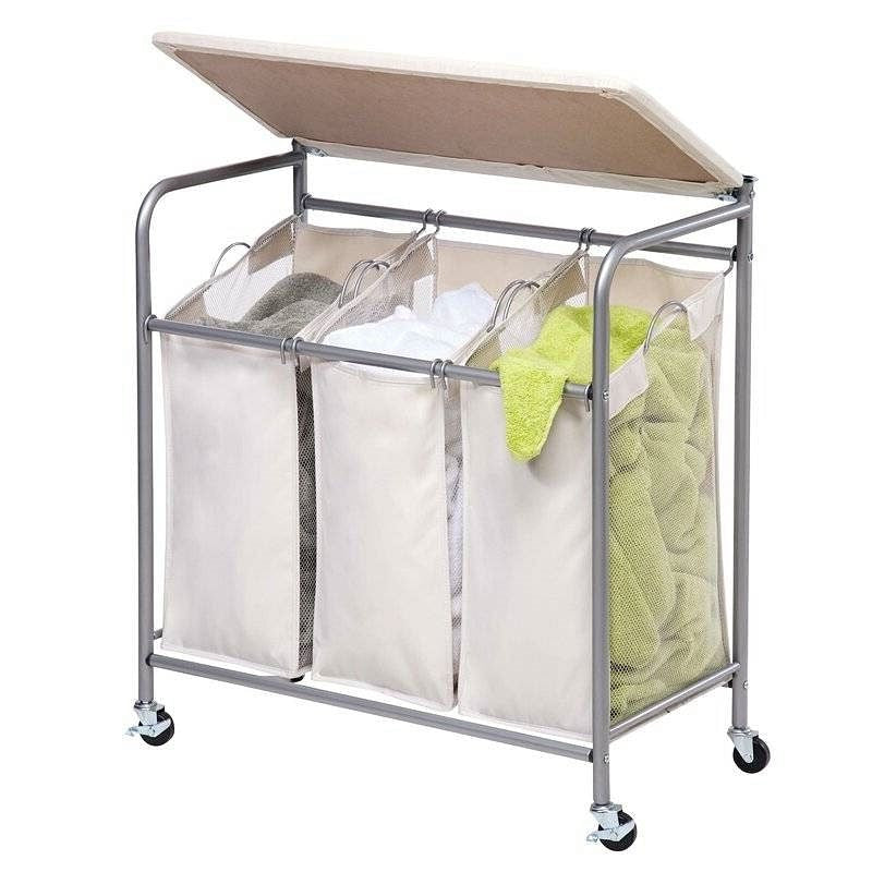 3 Section Wheeled Laundry Sorter Cart with Lift Top Folding Ironing Board-2