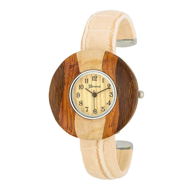 Brenna Beige Wood Inspired Leather Cuff Watch-2