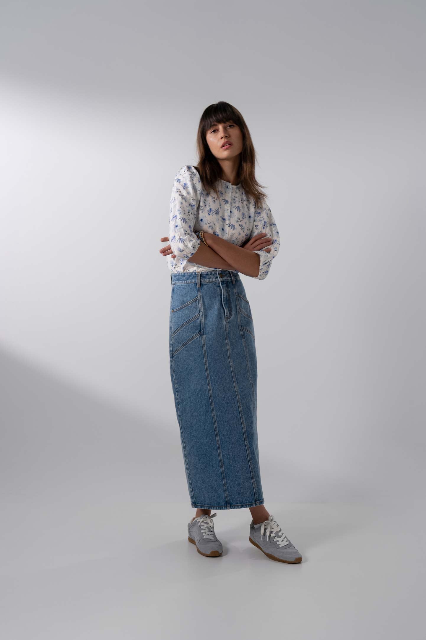 Front Seam Detail Denim Skirt-Blue Wash-4