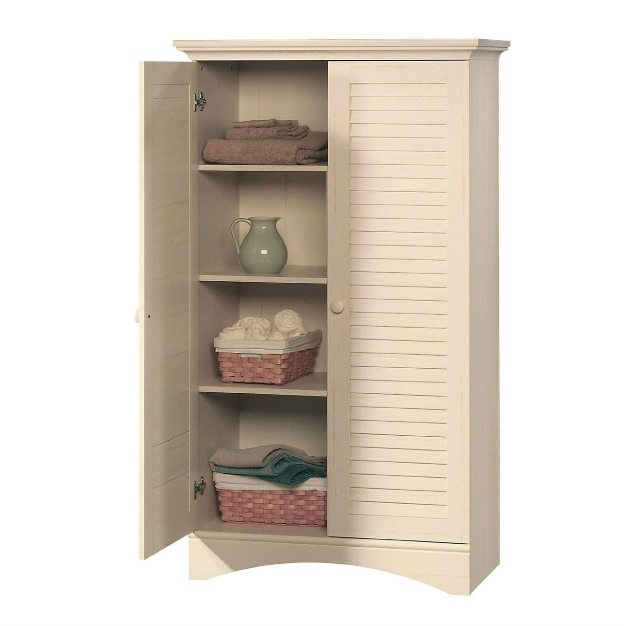 Antique White Finish Wardrobe Armoire Storage Cabinet with Louver Doors-0