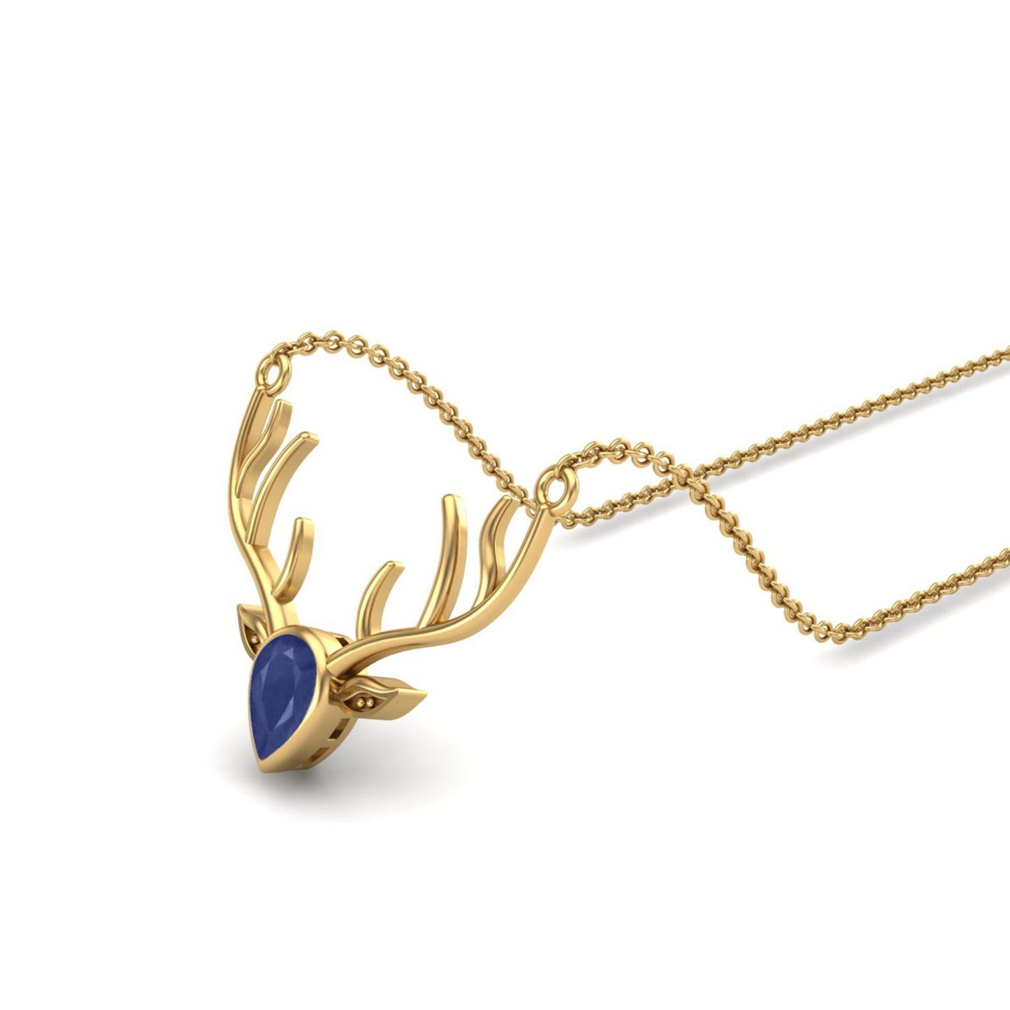 Blue Sapphire Stag Head Necklace - 9K Yellow Gold-2