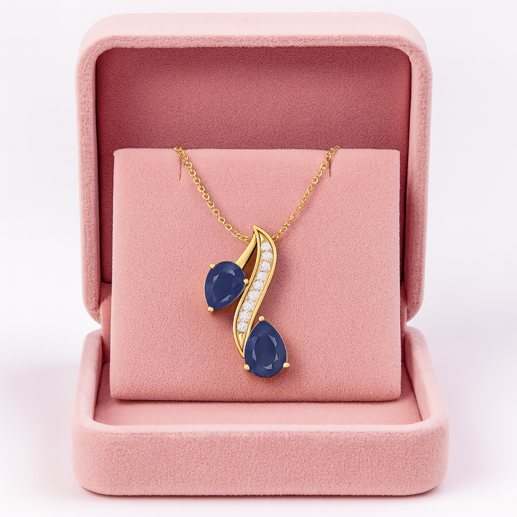 Blue Sapphire Twin Pear 2.00 Ct Curved Accent Necklace - 14k Yellow Gold-5