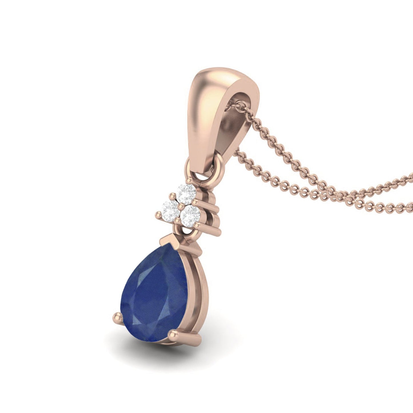 Blue Sapphire Pear 1.00 Ct Classic Trio Accent Necklace - 14k Yellow Gold-3