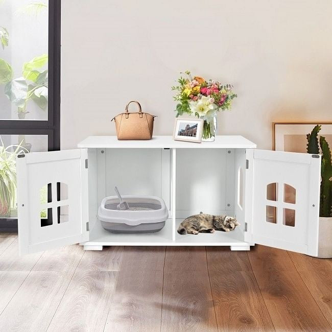 White Modern Large Ventilated Private Divider Cat Litter Box-1