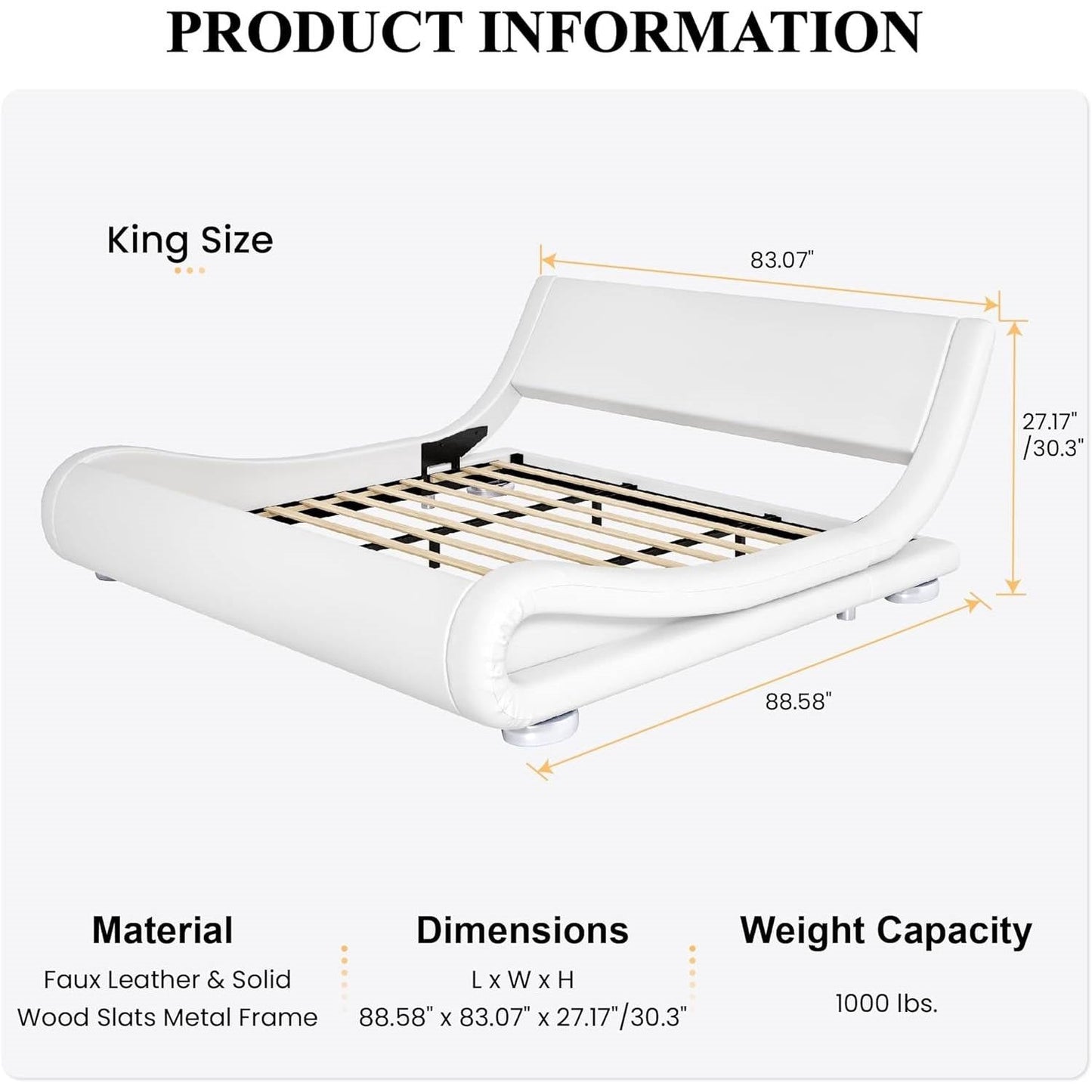 King Modern White Upholstered Platform Bed Frame with Sleigh Curved Headboard-4