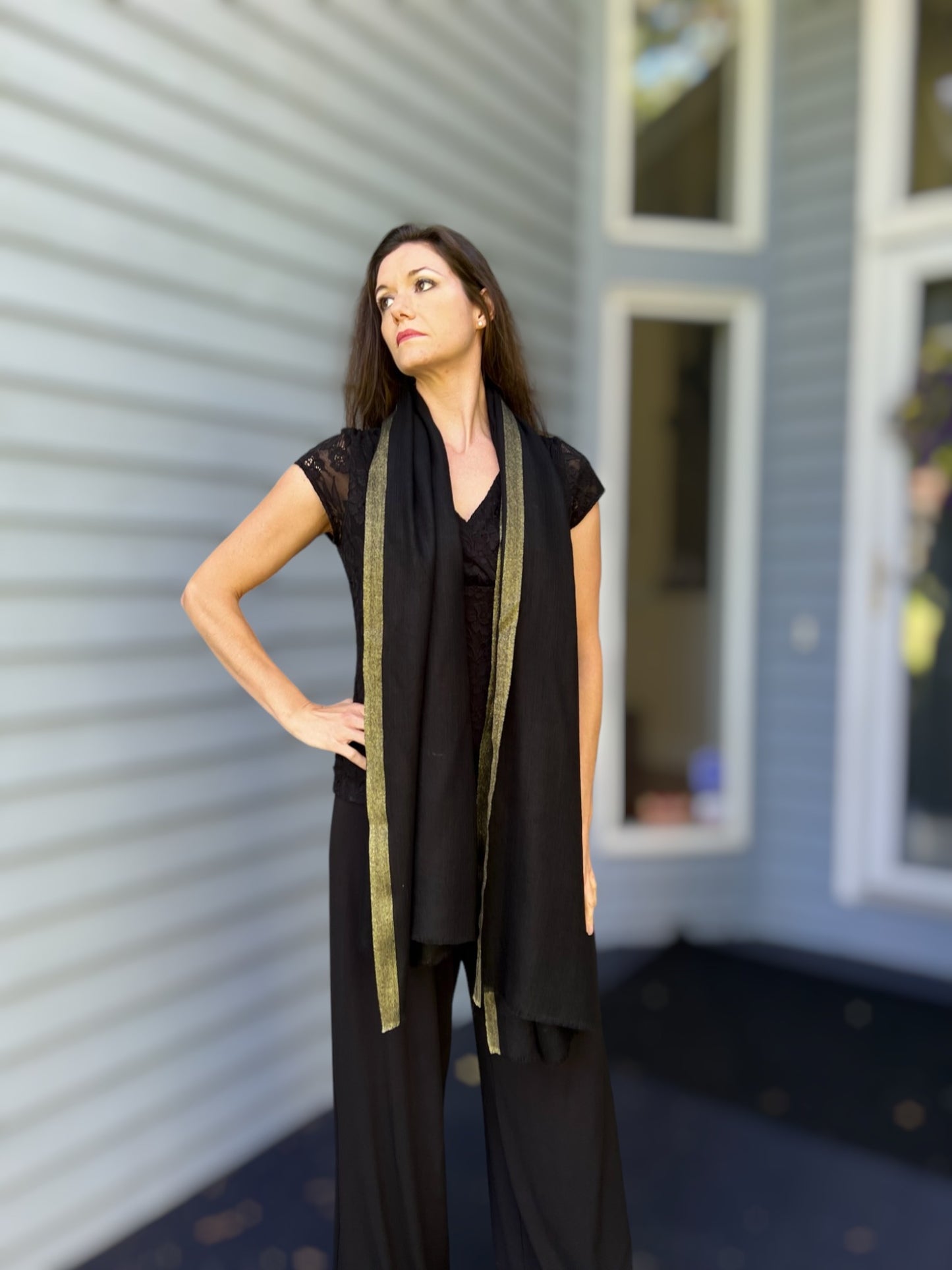 Black Wool and Silk Solid Scarf with Gold Glitter-4