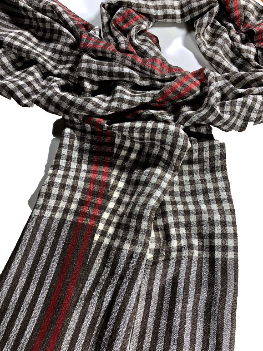 Hand Loomed Brown Wool And Silk Blend Check Scarf-3