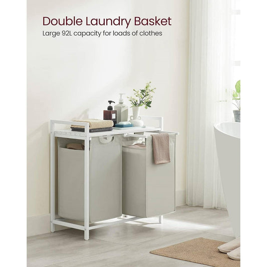 2-Basket Laundry Hamper Sorter White Frame Removable Bags and Top Storage Shelf-0
