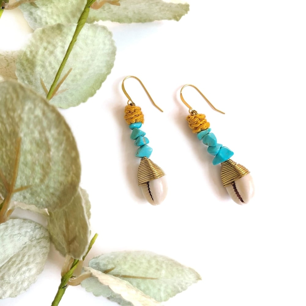 Wagnerite Turquoise Cowrie Shell Earrings-3