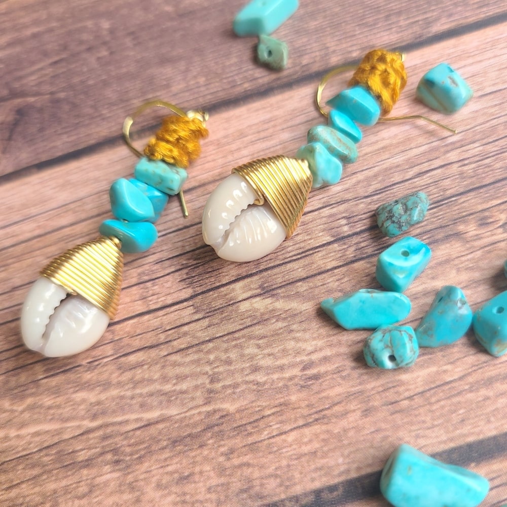 Wagnerite Turquoise Cowrie Shell Earrings-4