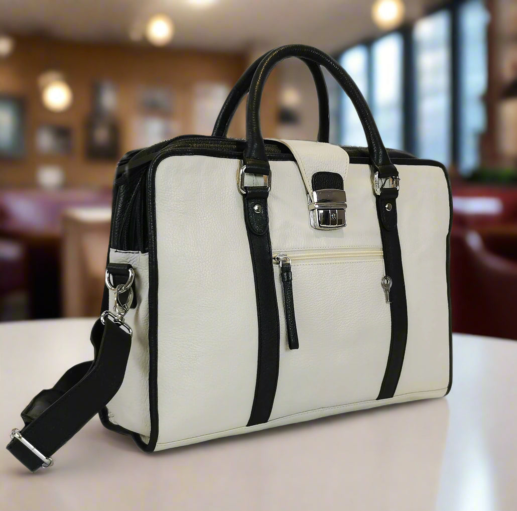 Leather Briefcase, White-1