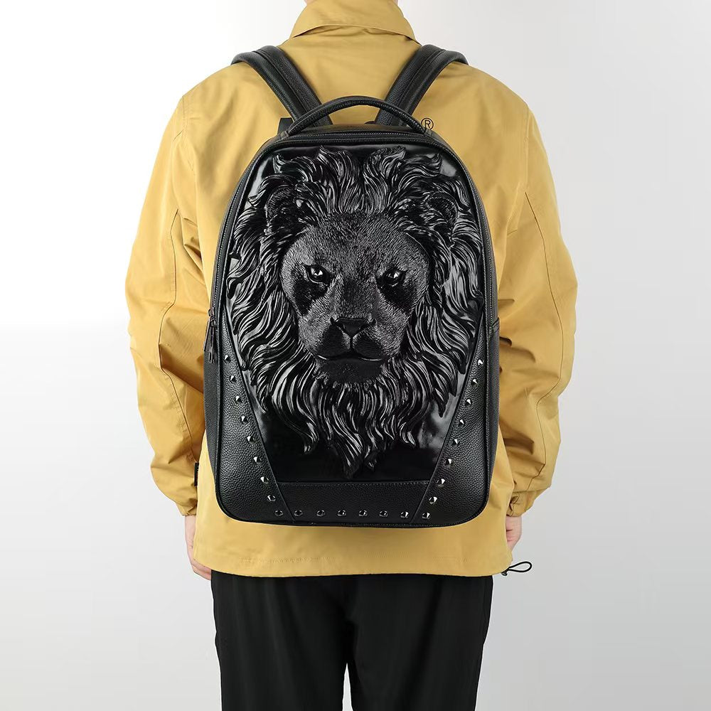 3D Leather Backpack 3D Lion Head Modeling outdoor Backpack Travel Computer Bags Small-6
