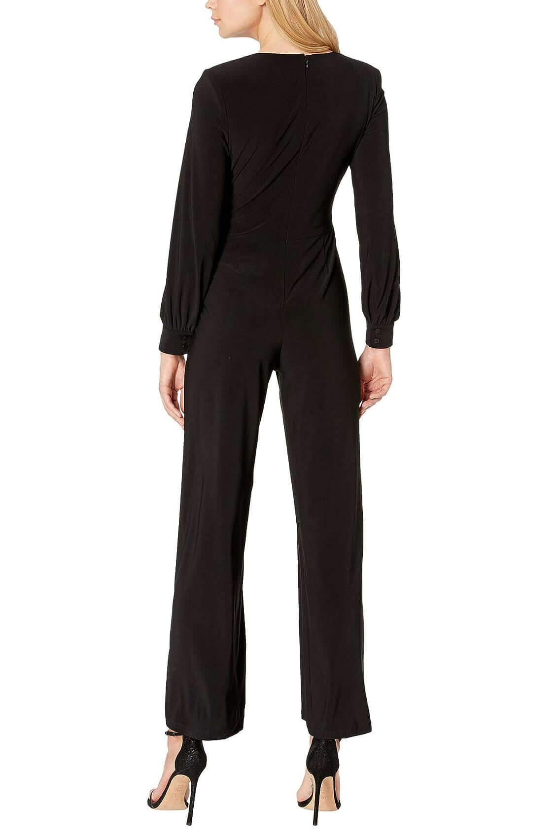 Adrianna Papell V-Neck Ruched Long Sleeve Zipper Back Solid Jersey Jumpsuit-3