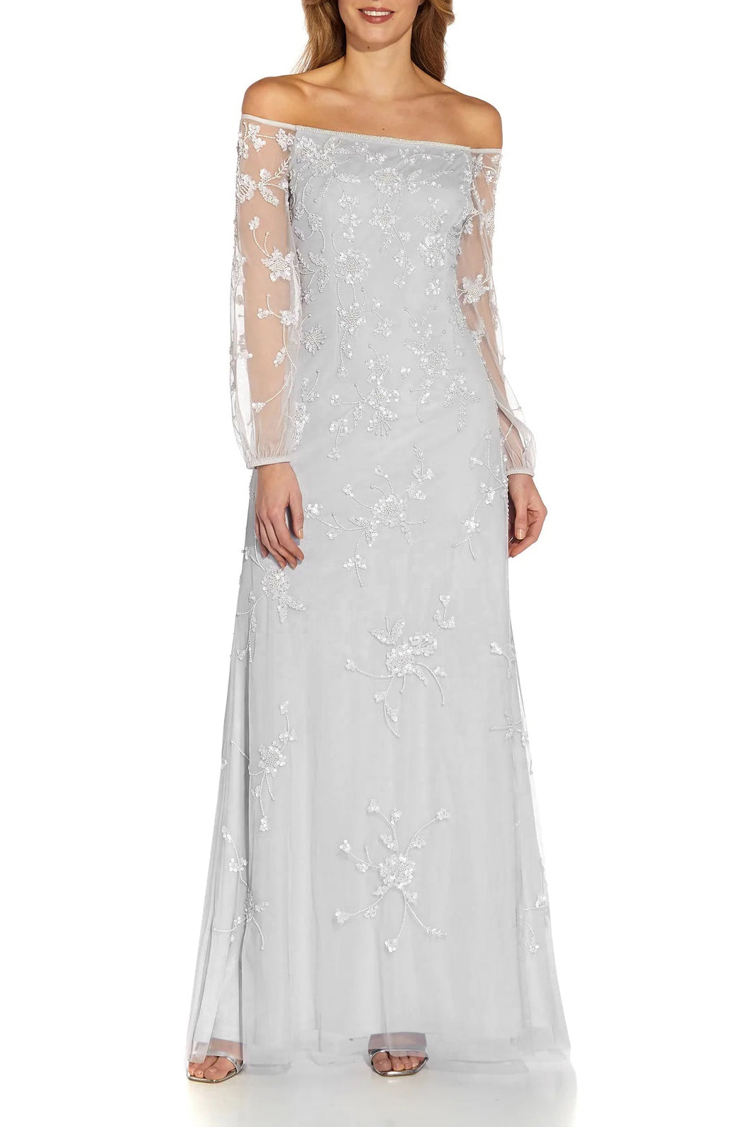 Adrianna Papell Off The Shoulder Long Sleeves Back Zipper Long Beaded Gown-0