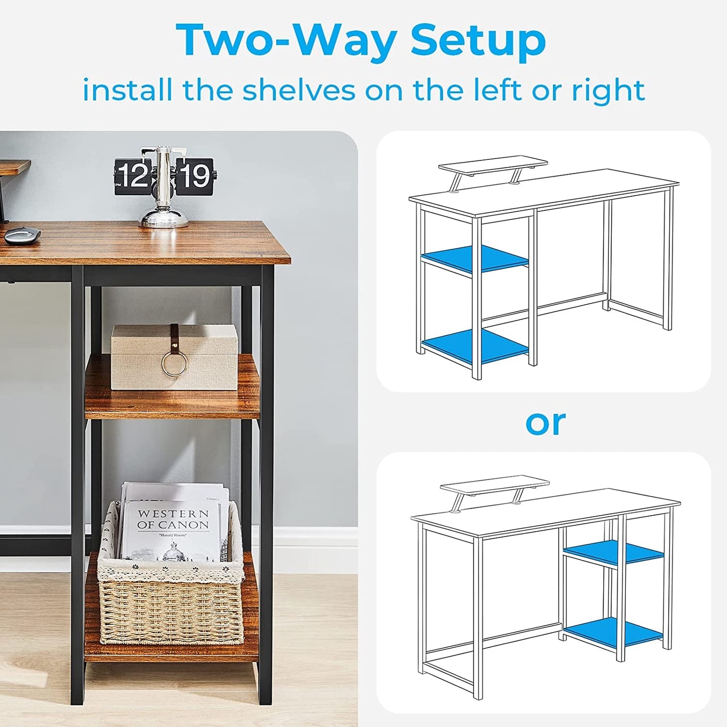 Compact Desk with Monitor Stand and Storage Shelves-4