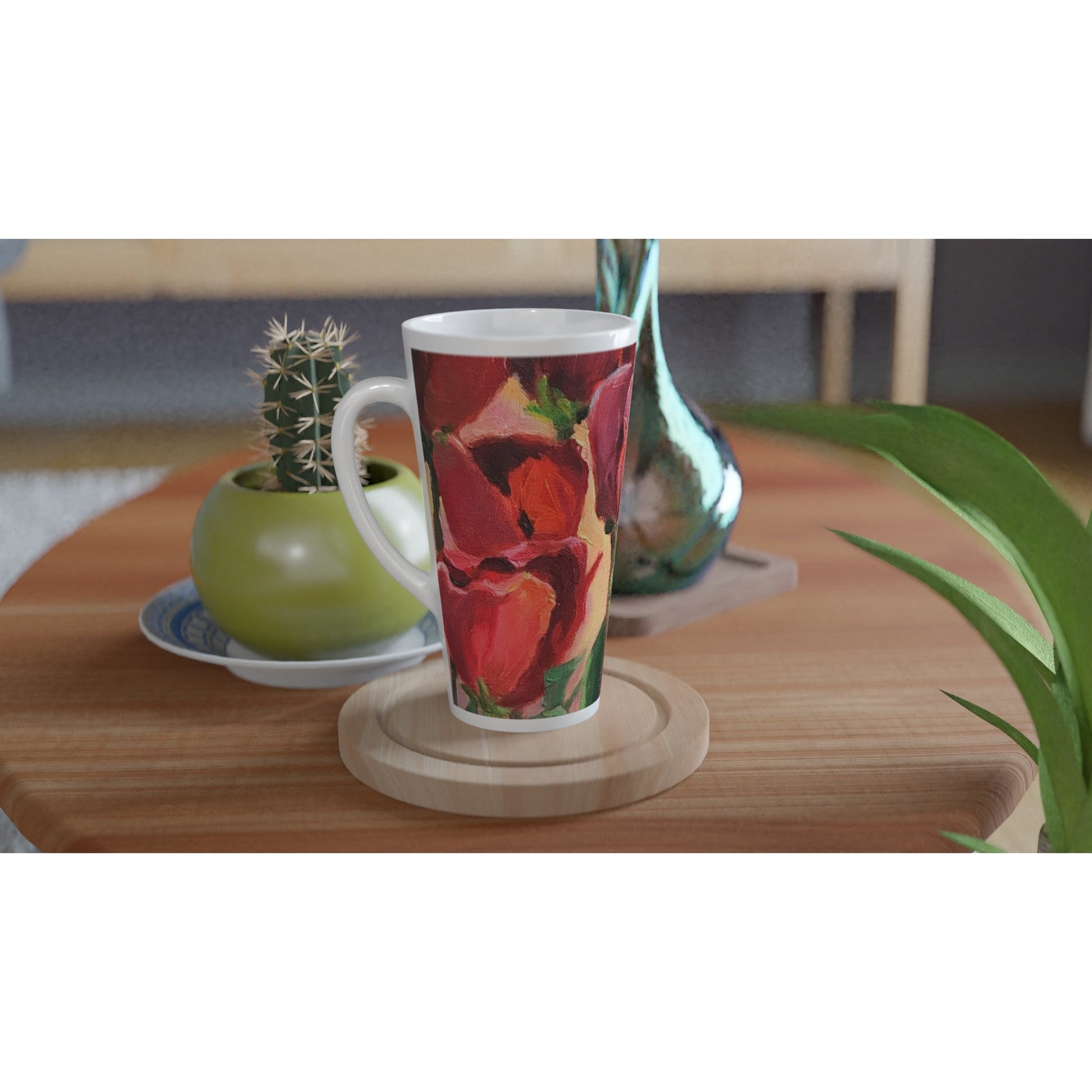 17oz White Ceramic Latte Mug | Coffee Cup with 'Tulips' Floral Artwork by American Artist Barbara Cleary-4