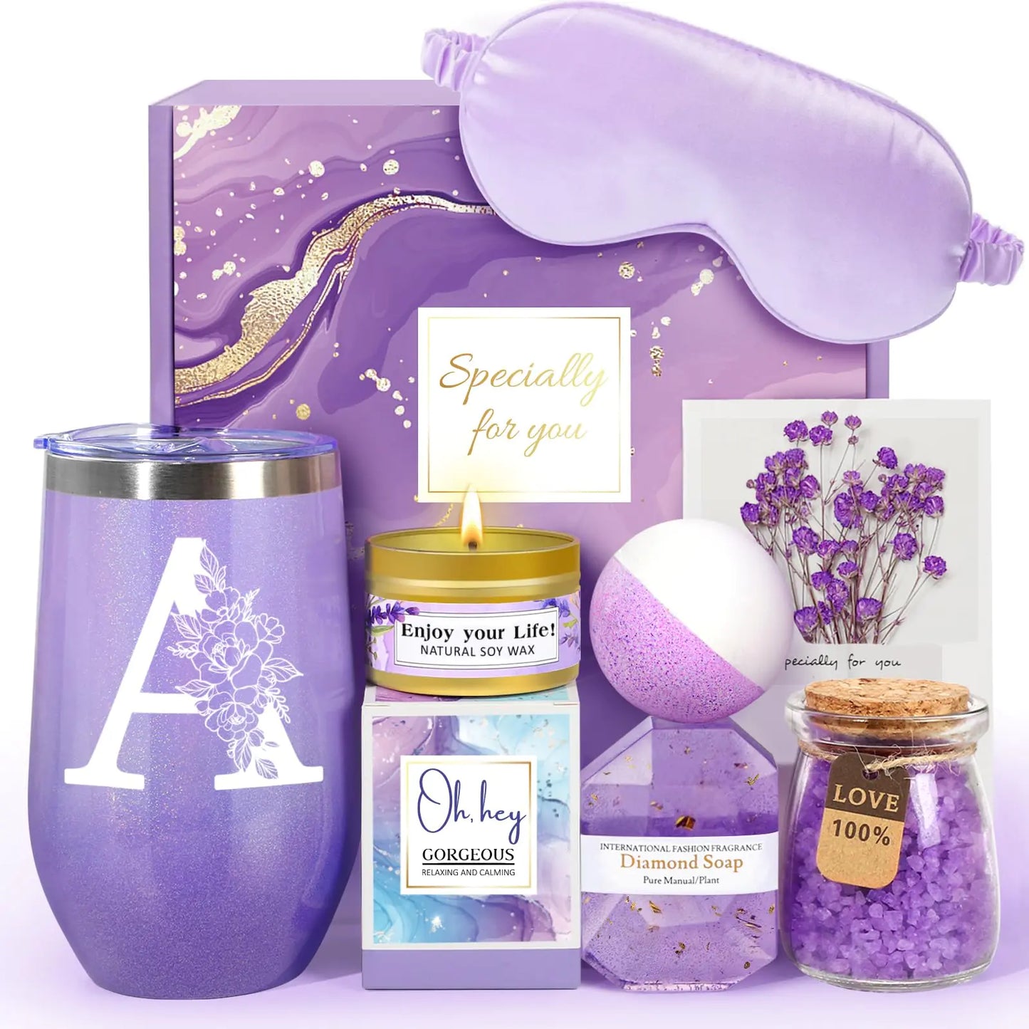 Birthday Gifts for Women Self Care Gifts for Women Spa Gifts Basket for Women 20oz Initial Tumbler w/Straw Lid Personalized Monogrammed Gifts for Women Mom Her Best Friends Sister Wife A