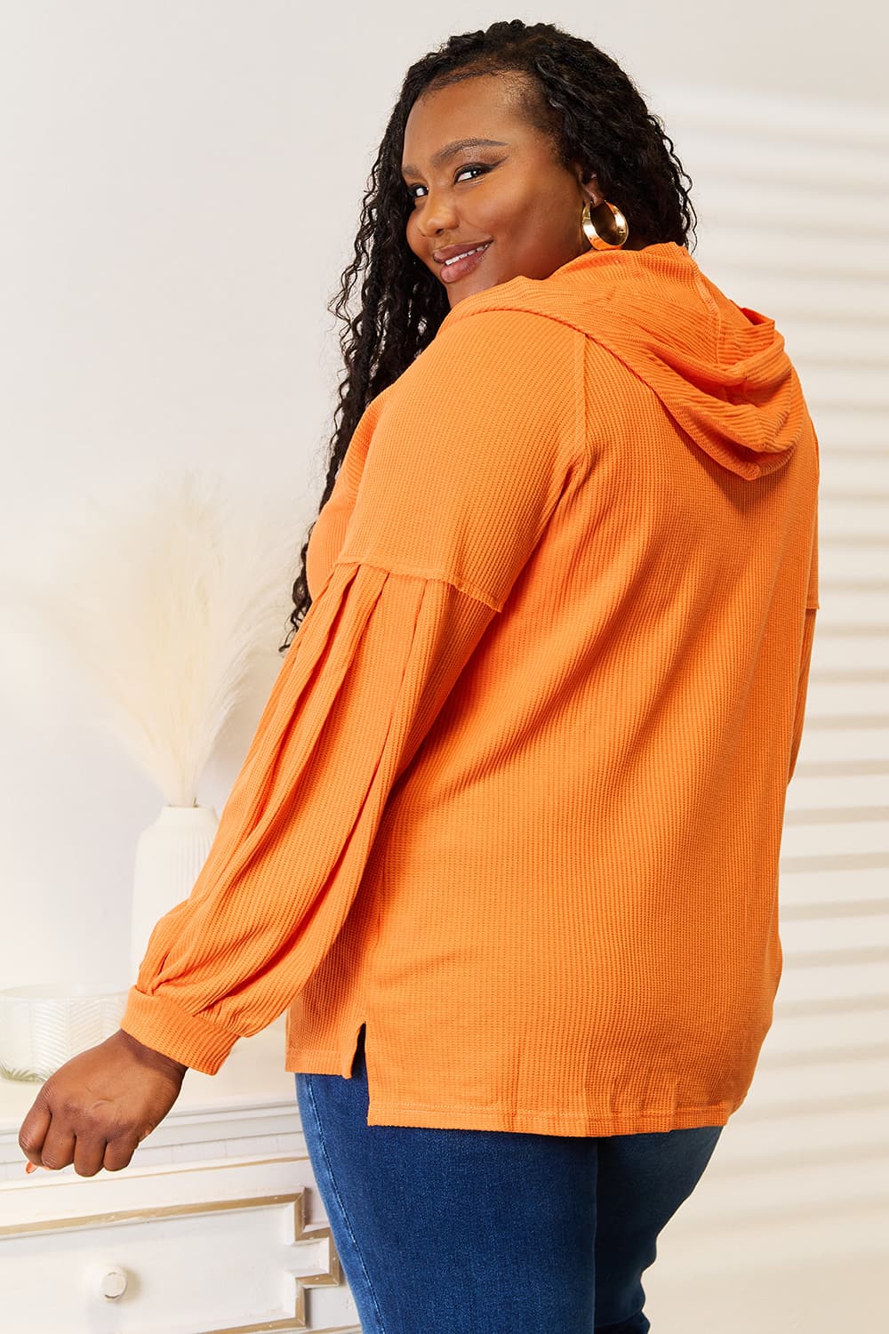 Double Take Side Slit Buttoned Waffle Knit Hoodie-1