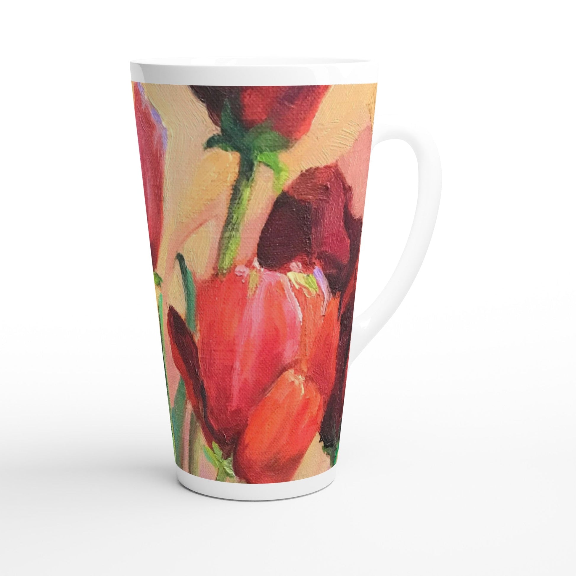 17oz White Ceramic Latte Mug | Coffee Cup with 'Tulips' Floral Artwork by American Artist Barbara Cleary-2