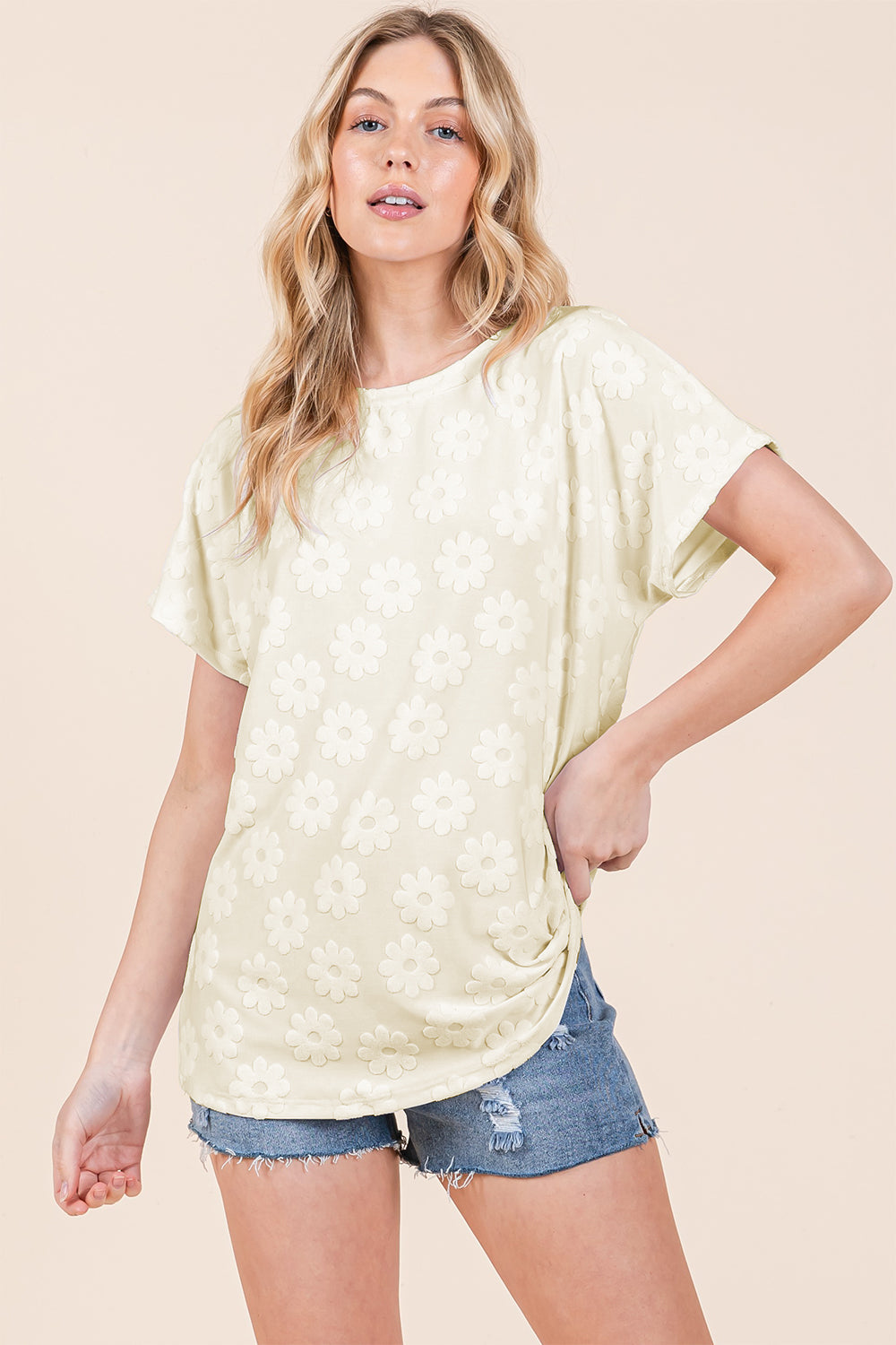 BOMBOM Textured Floral Pattern Short Sleeve T-Shirt-2