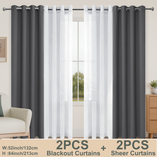 4pcs/SET Curtains - 2pcs Blackout Curtains with Tiebacks And 2pcs Sheer Curtains-0