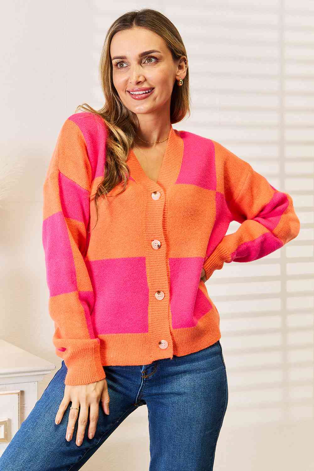 Woven Right Checkered V-Neck Dropped Shoulder Cardigan-4