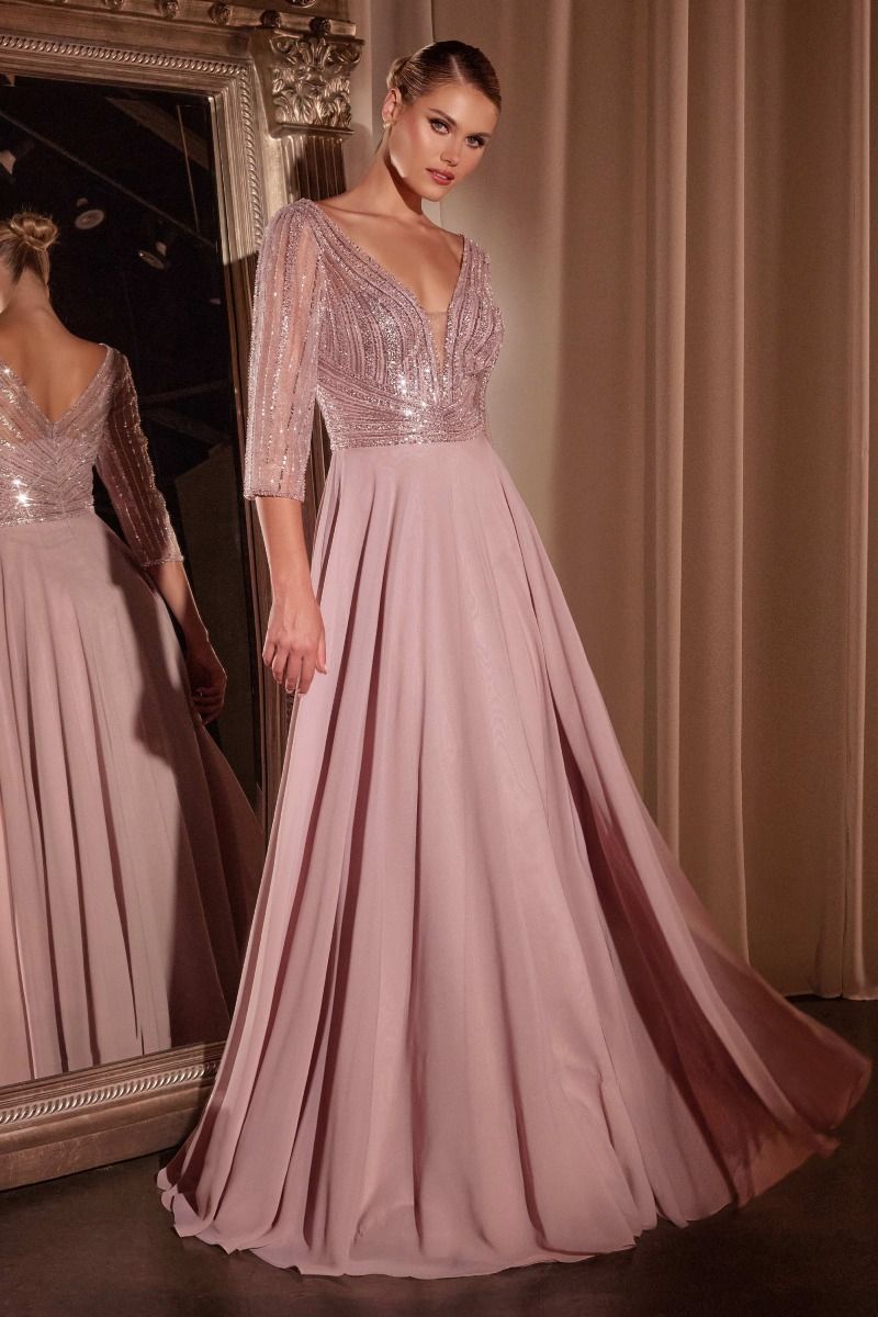 Three Quarter Sleeve Beaded Chiffon Dress-5