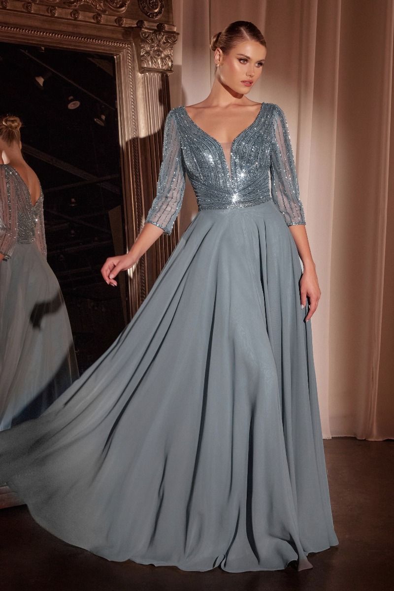 Three Quarter Sleeve Beaded Chiffon Dress-7
