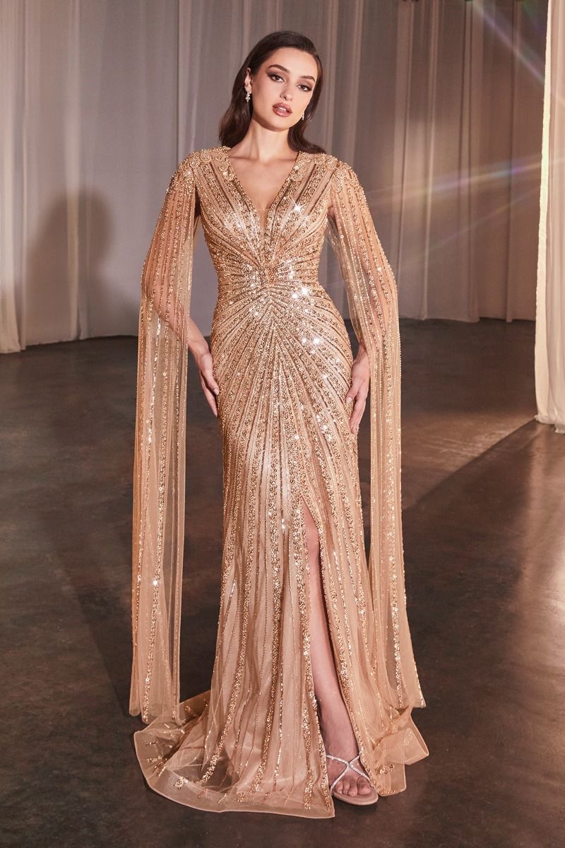 Long Sleeve Fully Beaded Sheath Gown-1