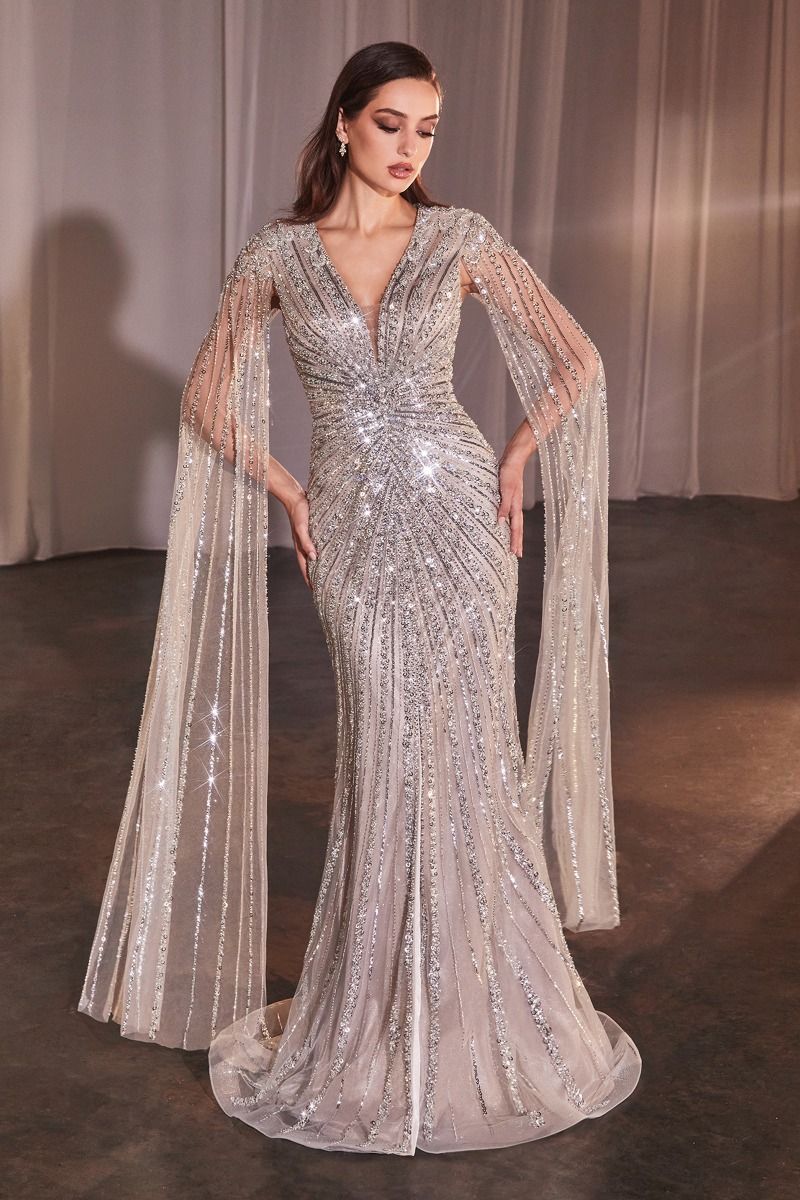 Long Sleeve Fully Beaded Sheath Gown-5