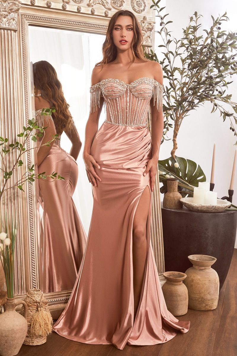 Embellished Off The Shoulder Satin Gown-6