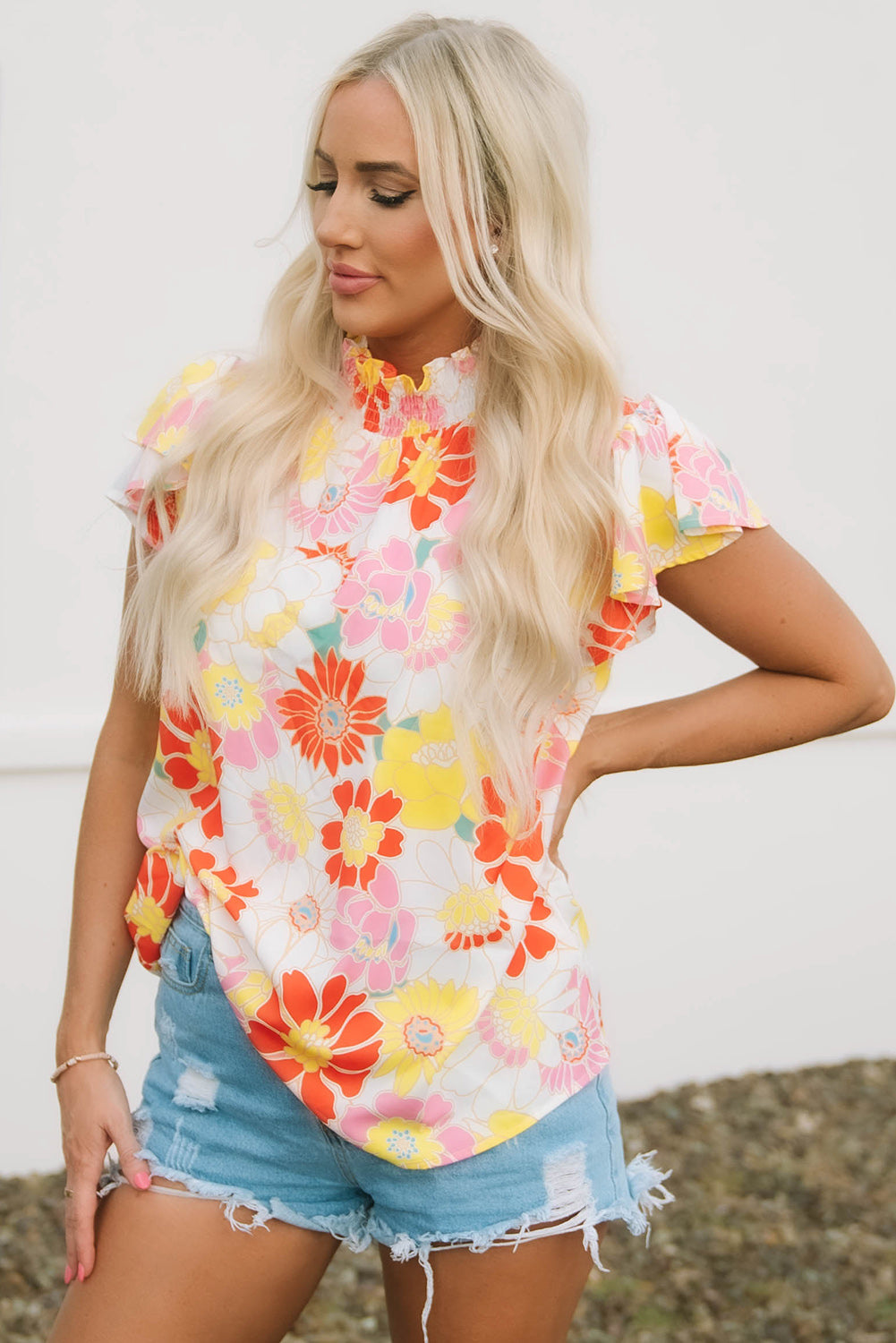Judith Multicolor Flutter Sleeves Floral Blouse-3