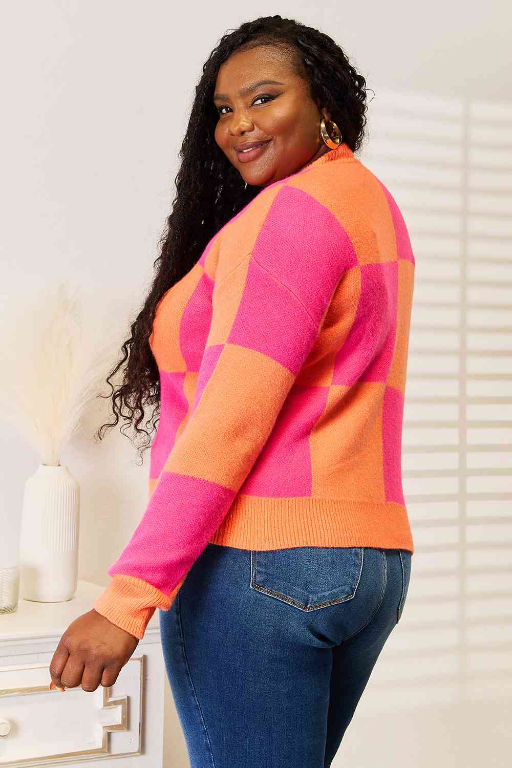 Woven Right Checkered V-Neck Dropped Shoulder Cardigan-1